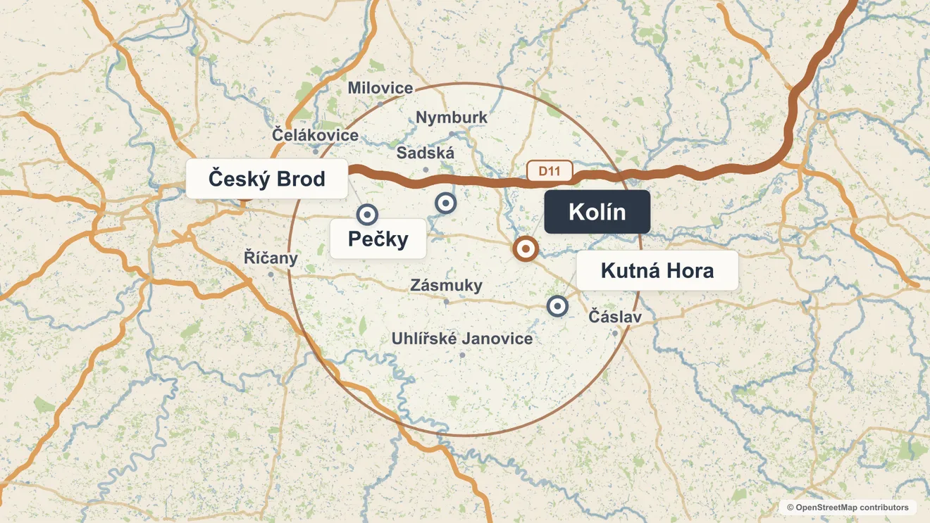 Mapa působnosti na Kolínsku: Kolín, Kutná Hora, Český Brod a okolí